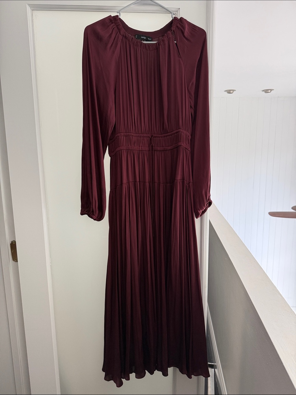 Mango Burgundy Long Sleeve Pleated Maxi Dress